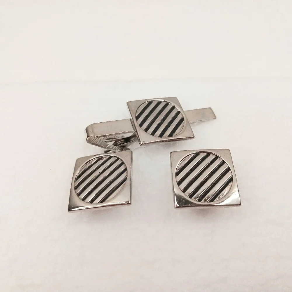 Tie Clip Bar, Cufflinks, Silver Black Vintage Space Age Graphics Classic Atomic